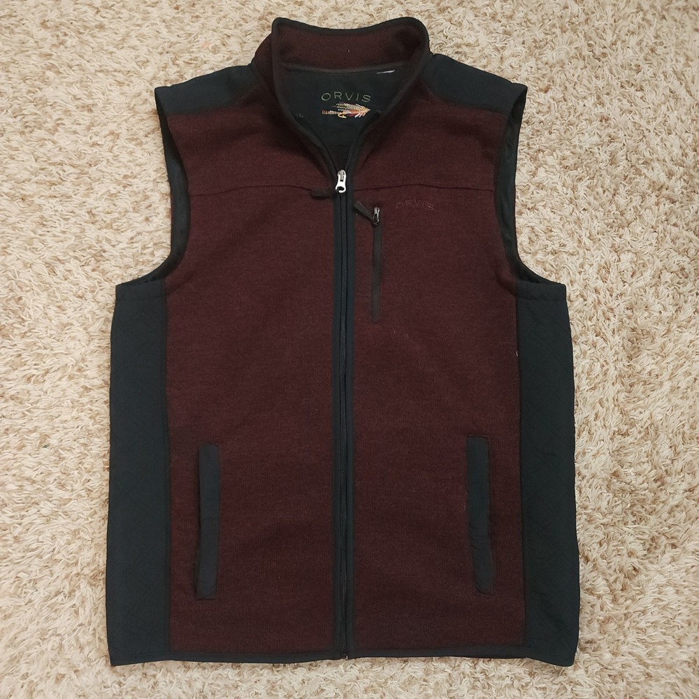 Orvis Full Zip Sweater Fleece Vest Mens Medium Burgundy Black Hybrid Outdoor
